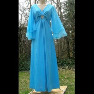 Vintage Blue DRESS Aqua Turquoise Long Angel Sleeves Gown Maxi Lounge Glamour M